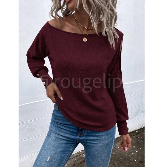 Burgundy One Cold Shoulder Asymmetric Boat Neck Long Sleeve Tee Shirt - Picture 7 of 9